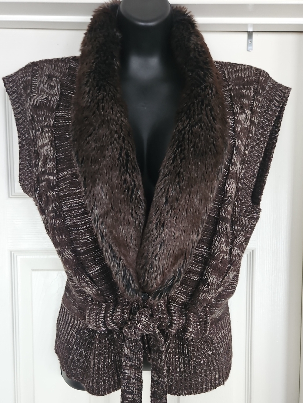 John Paul Richard-  Brown Marled Knit Faux Fur Trim Tie-Waist Vest - Size: XL